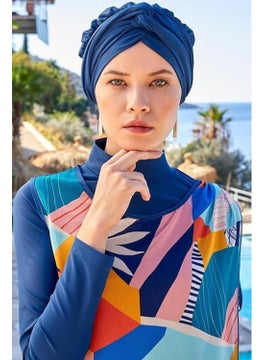Adasea Women's Long Sleeve Fully Covered Pareo Design Hijab Swimsuit 4360 Light Navy Blue  - Image 4