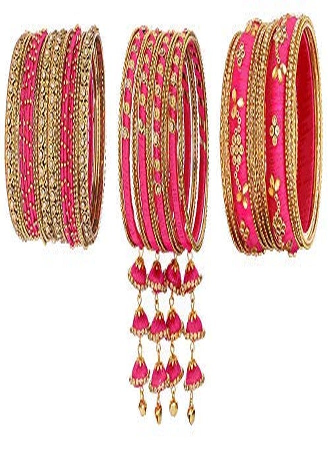 ZULKA Get Your Traditions Non-Precious Metal Base Metal with Zircon Gemstone and Silk Thread Bangles Set for Women and Girls,(Magenta_2.4 Inches), Pack of 46 Bangles Set - Image 2