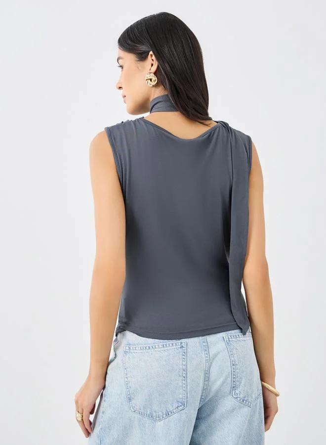 Styli Styli Charcoal Front Draped Sleeveless Top