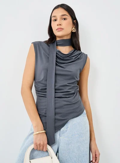 Styli Charcoal Front Draped Sleeveless Top