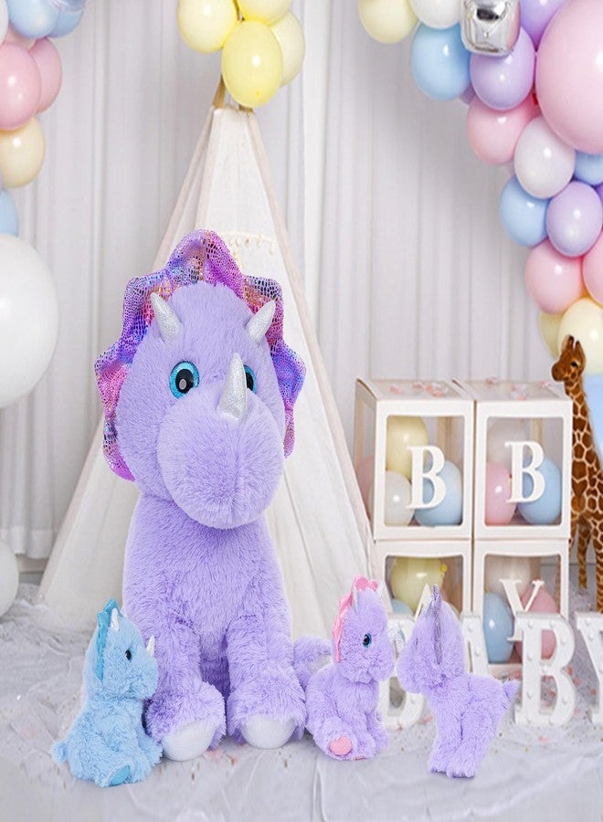 MaoGoLan دميّة ماو غولان ترايسيراتوبس المحشوة، 21" ديناصور أرجواني ماما المحشوة مع 3 أطفال، مجموعة وسادة دمى ديناصور عملاقة كهدية عيد ميلاد للأطفال - Image 3