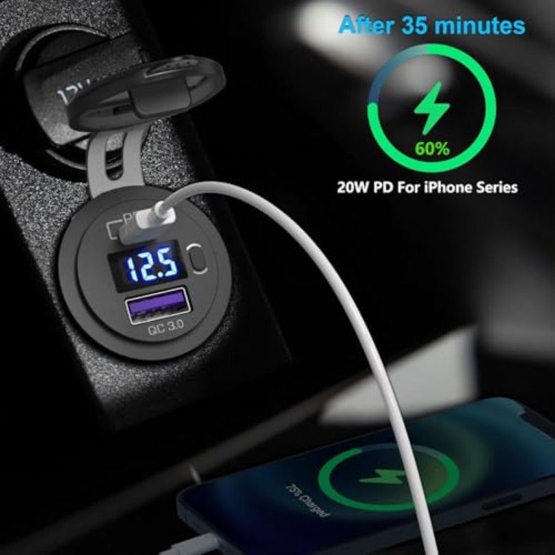 مقبس شاحن سيارة بتقنية USB-C 12فولت و24فولت، مخرج مزدوج USB، دعم PD3.0 وQC3.0، منفذ USB للسيارة مع مقياس جهد LED ومفتاح تشغيل / إيقاف، مناسب للسيارات، القوارب، المركبات البحرية، الحافلات، الشاحنات، الجولف، الكرفانات، الدراجات النارية - Image 4