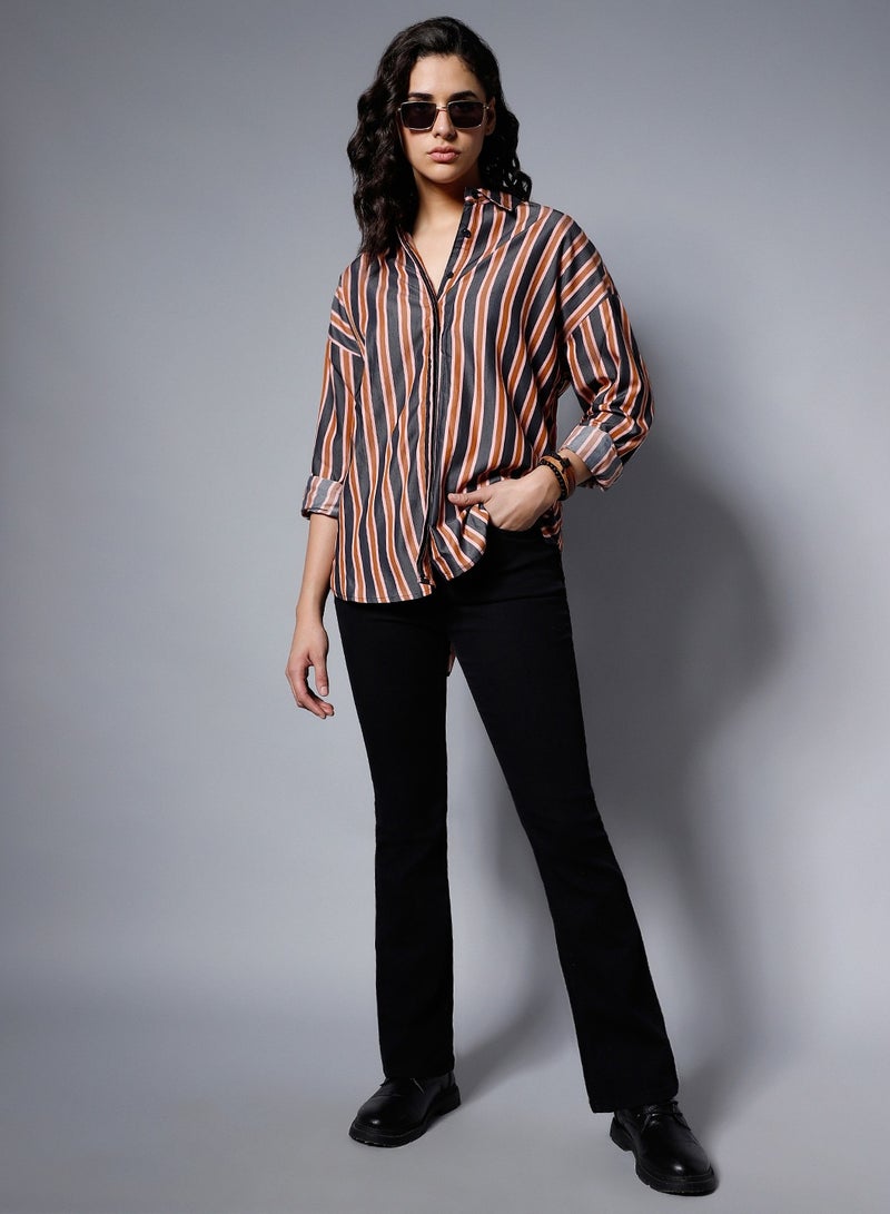 HIGH STAR Boxy Charcoal Striped Casual Shirt for Women  - Image 1