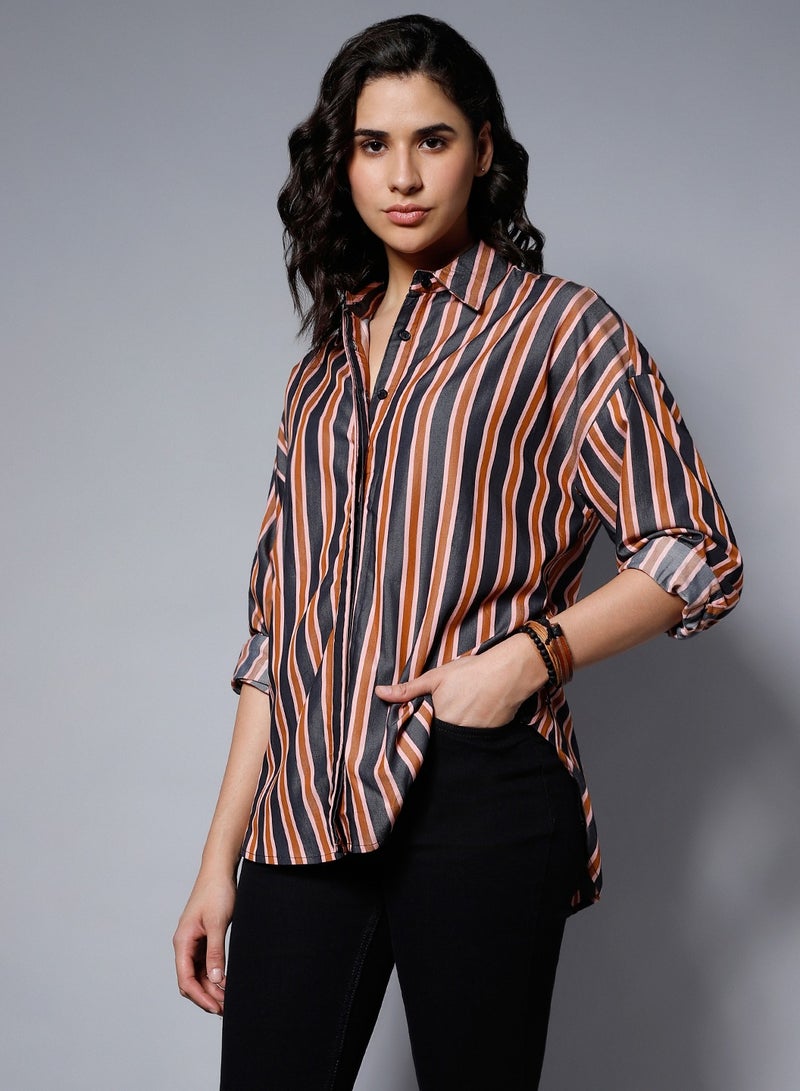 HIGH STAR Boxy Charcoal Striped Casual Shirt for Women  - Image 3