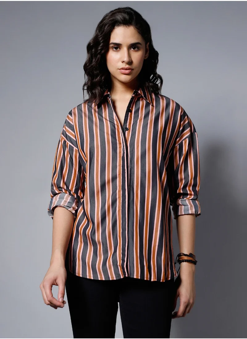 هاي ستار Boxy Charcoal Striped Casual Shirt for Women