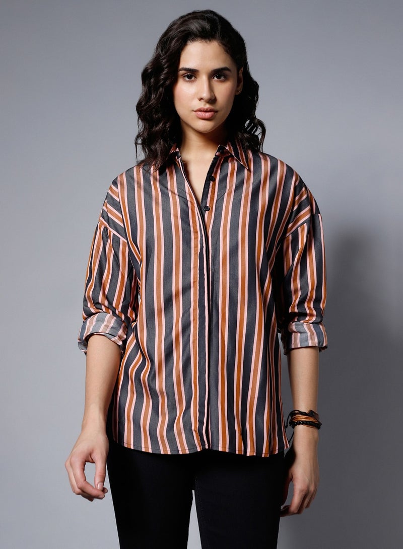 HIGH STAR Boxy Charcoal Striped Casual Shirt for Women  - Image 2