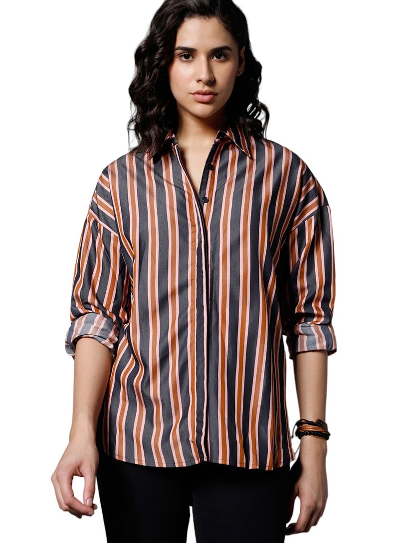 Boxy Charcoal Striped Casual Shirt for Women