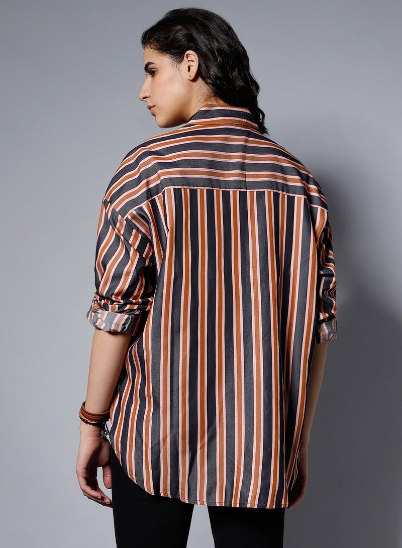 HIGH STAR Boxy Charcoal Striped Casual Shirt for Women  - Image 5