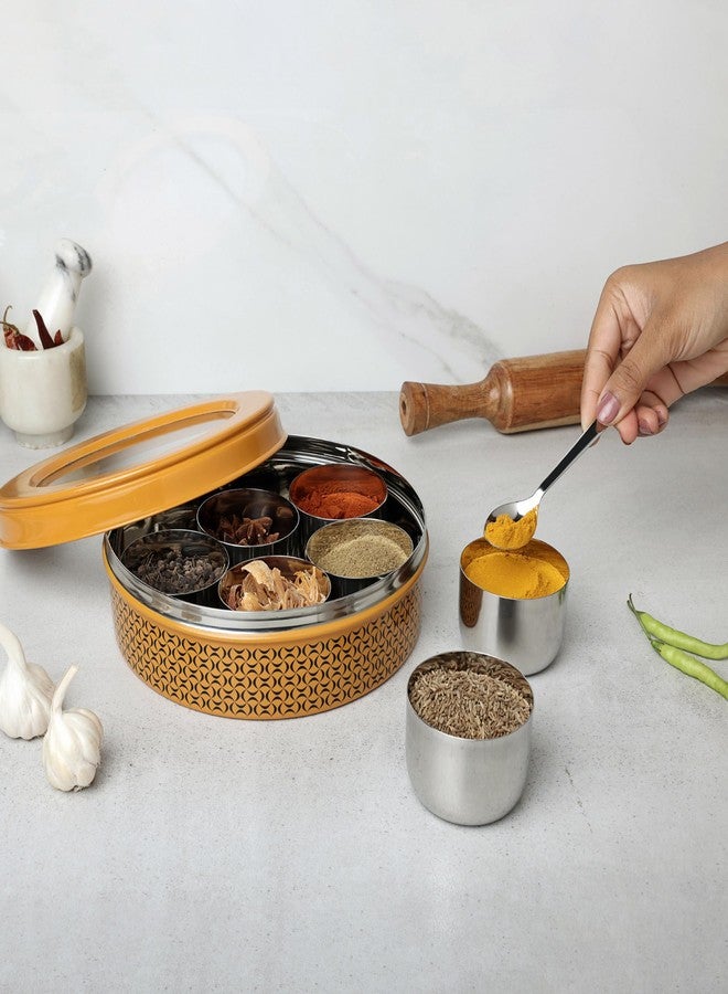dudki 7 in 1 Stainless Steel Spice box for kitchen sturdy Masala dabba jar for Spices Seamless Design (Caramel Orange) - Image 3