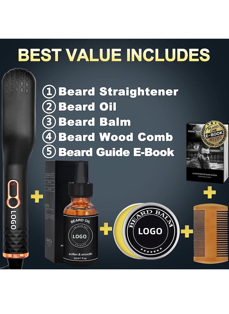 Beard Straightener with Beard Cream, Adjustable Temperature, 360°Rotating Power Cord, 5 in 1 Hair Straightener Brush Beard Straightening Comb