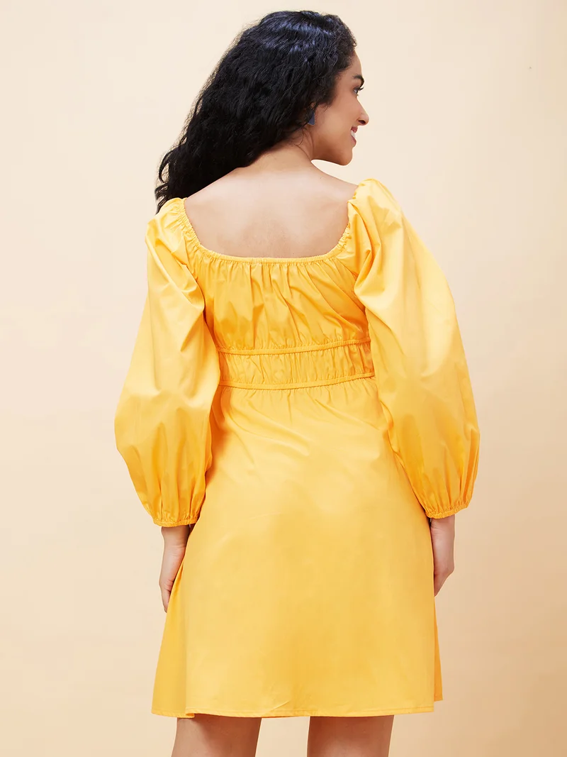 globus Women Yellow Square Neck Puff Sleeves Gathered Cotton Fit & Flare Dress