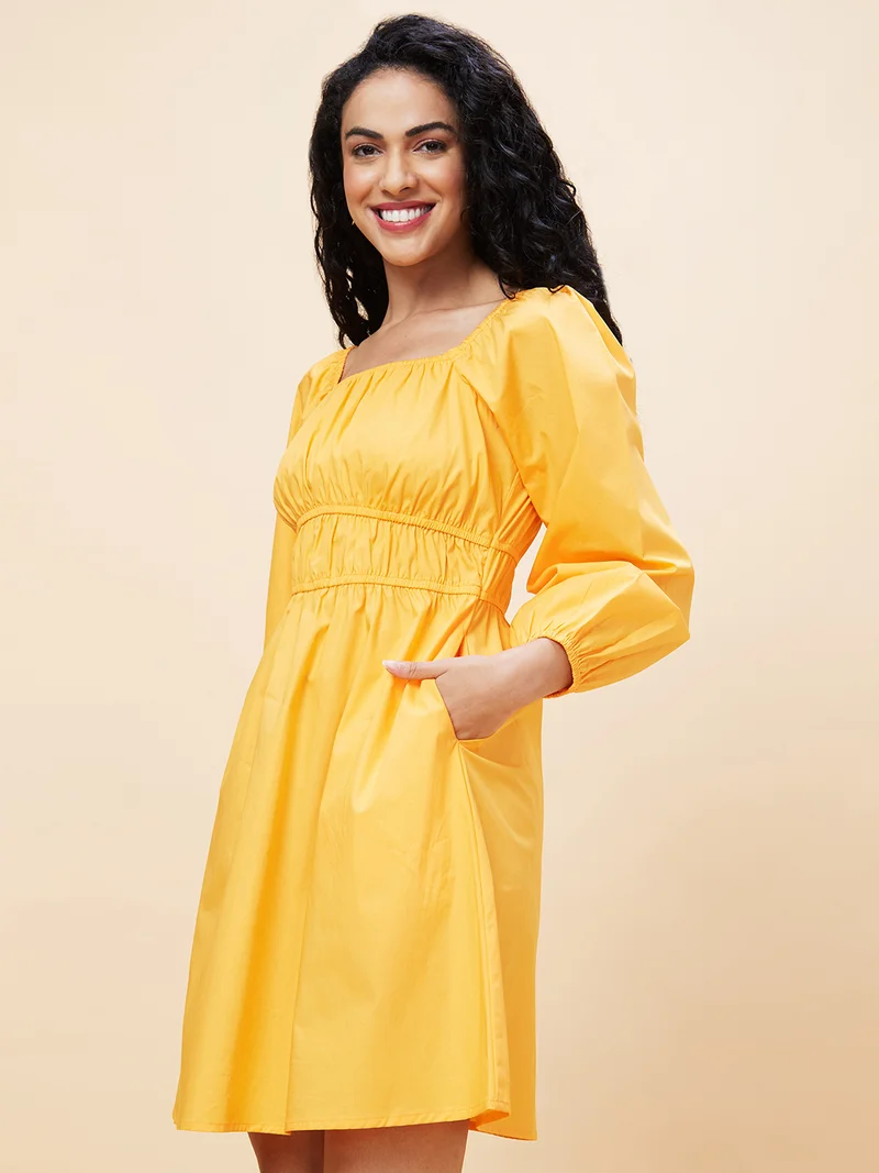 globus Women Yellow Square Neck Puff Sleeves Gathered Cotton Fit & Flare Dress