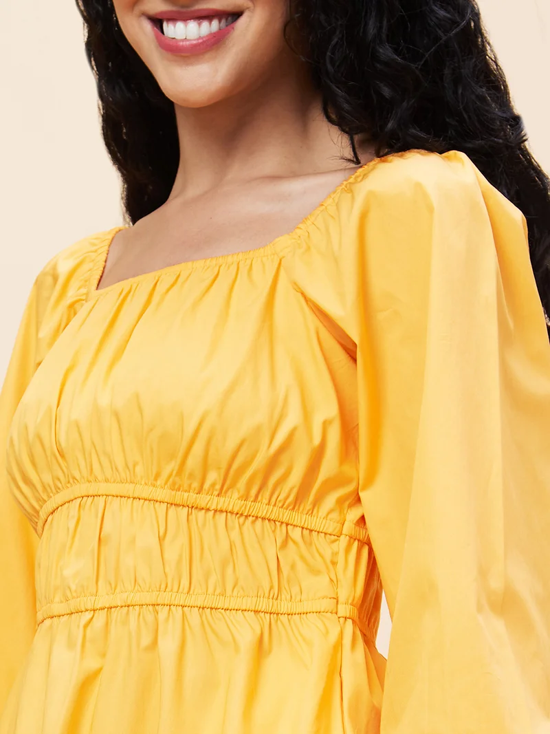 globus Women Yellow Square Neck Puff Sleeves Gathered Cotton Fit & Flare Dress