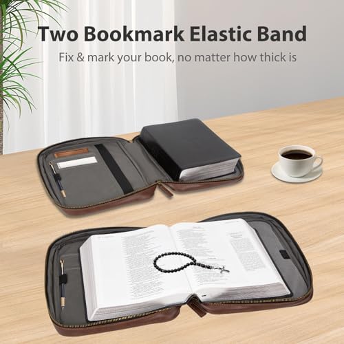 CITYCHASE Bible Covers for Men & Women, Bible Case Carrying Church Bag with Book Stand, Bible Bag with Handle, Zipper and Multi-Pockets for Scripture Study Bible Protector (Dark Brown Leather) - Image 3