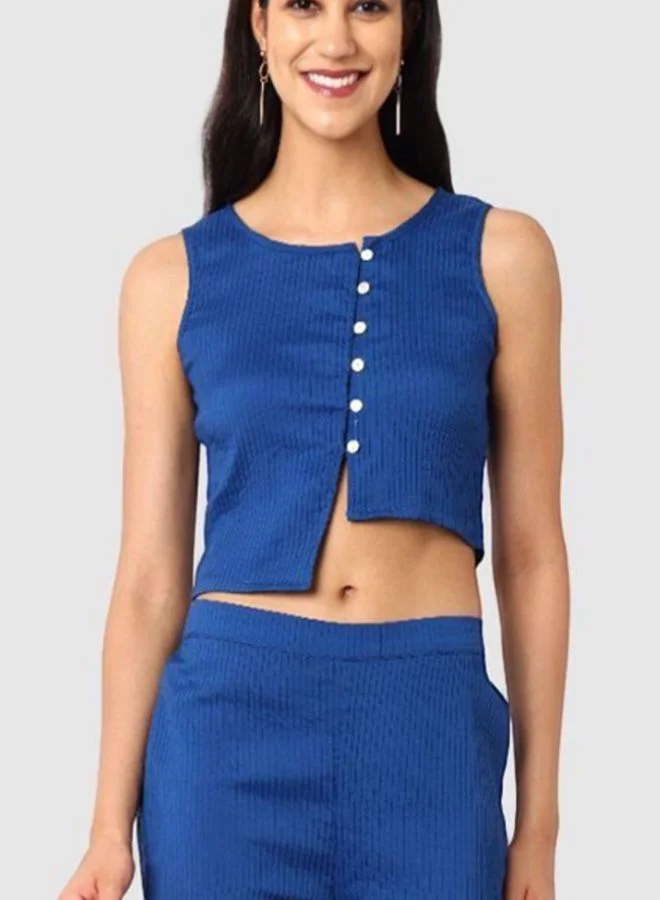 مرفوعة Women Fit and Flared Textured Sleeveless Mid Rise Top and Pant Co-Ord Set
