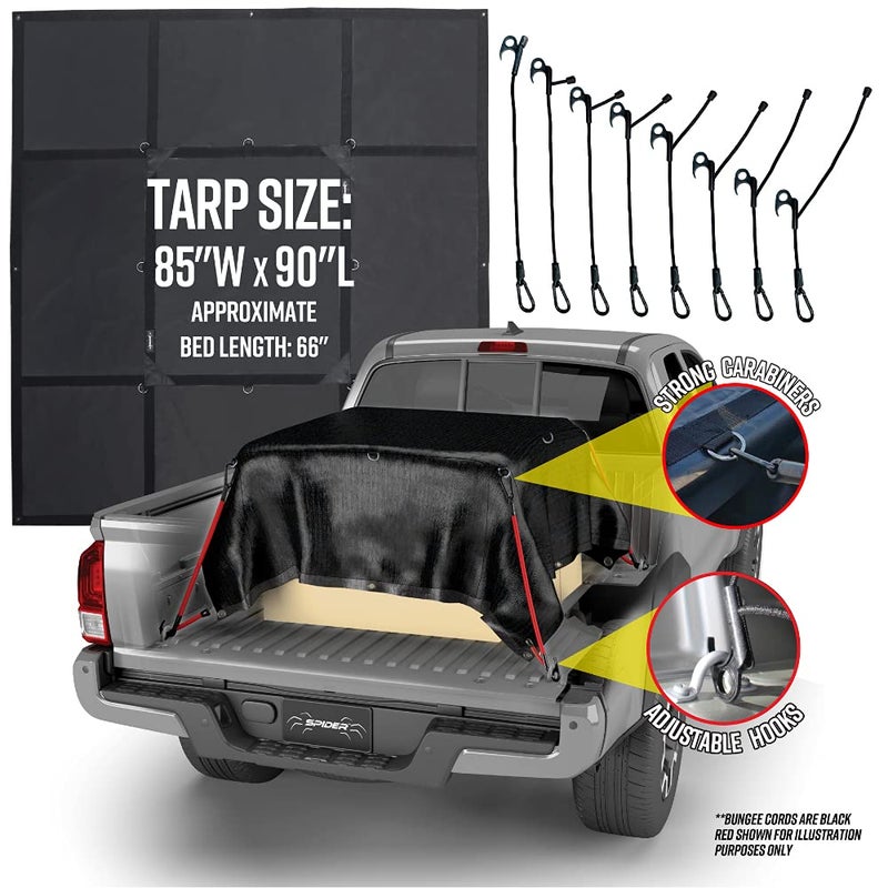 SPIDER Pickup Truck Bed Tarp (7â€™1â€ W x 7â€™6â€ L) - Heavy Duty Black Solid Waterproof Cargo Net Cover - Detachable Quick Adjust Tie Downs - Fits Short Bed (5'6") and Trailers - Image 2