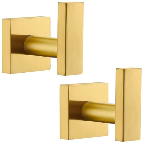Angle Simple Towel Hooks for Bathroom, SUS 304 Stainless Steel Square Robe Coat Wall Hooks, Hand Towel Holder, Brushed Gold, 2 Pack - Image 1