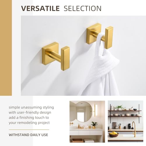 Angle Simple Towel Hooks for Bathroom, SUS 304 Stainless Steel Square Robe Coat Wall Hooks, Hand Towel Holder, Brushed Gold, 2 Pack - Image 2