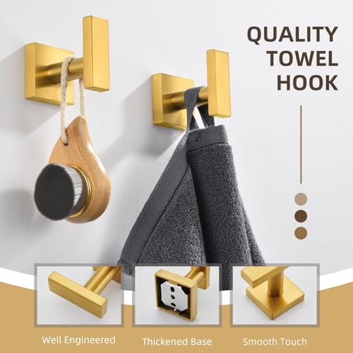Angle Simple Towel Hooks for Bathroom, SUS 304 Stainless Steel Square Robe Coat Wall Hooks, Hand Towel Holder, Brushed Gold, 2 Pack - Image 4