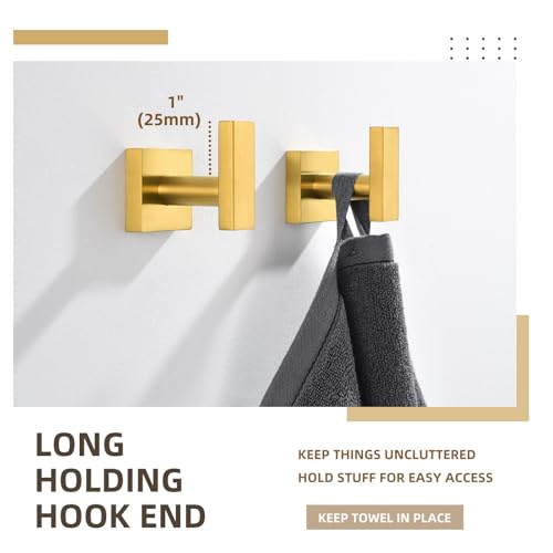 Angle Simple Towel Hooks for Bathroom, SUS 304 Stainless Steel Square Robe Coat Wall Hooks, Hand Towel Holder, Brushed Gold, 2 Pack - Image 3