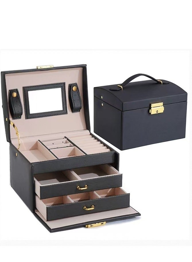 Jewellery Organiser MultiLayer PU Leather Portable Lockable Storage Box Case with Dividers Container for Rings, Earrings, Necklace Home Organizer - Black  - Image 1