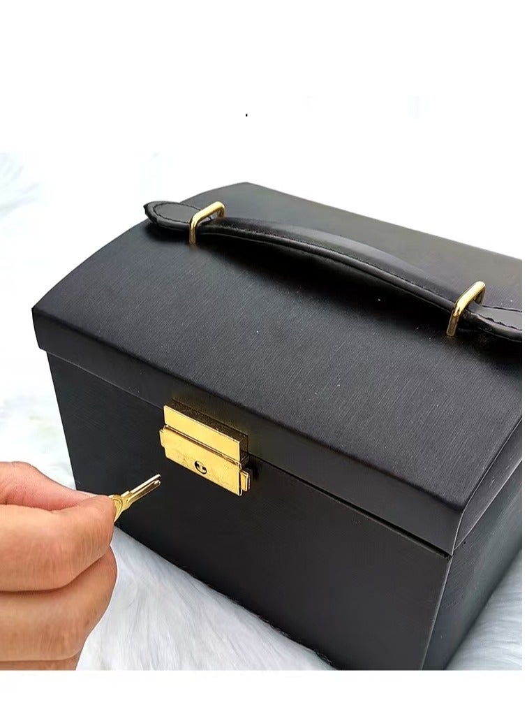 Jewellery Organiser MultiLayer PU Leather Portable Lockable Storage Box Case with Dividers Container for Rings, Earrings, Necklace Home Organizer - Black  - Image 3