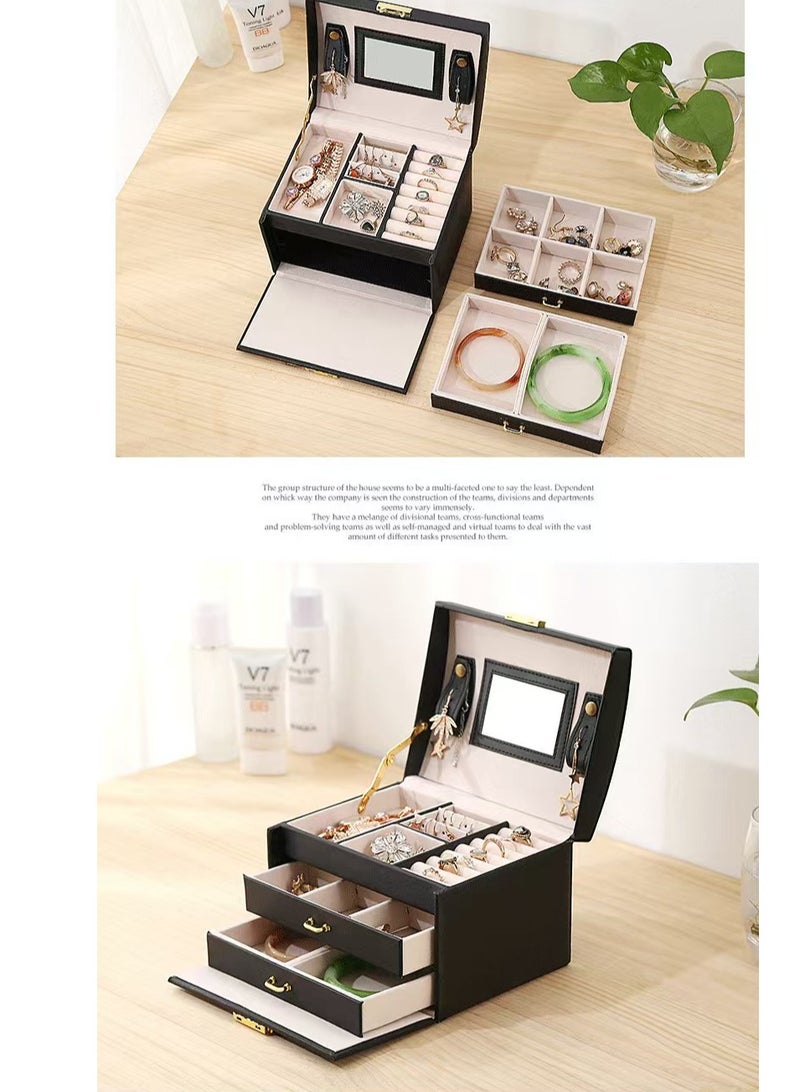 Jewellery Organiser MultiLayer PU Leather Portable Lockable Storage Box Case with Dividers Container for Rings, Earrings, Necklace Home Organizer - Black  - Image 5