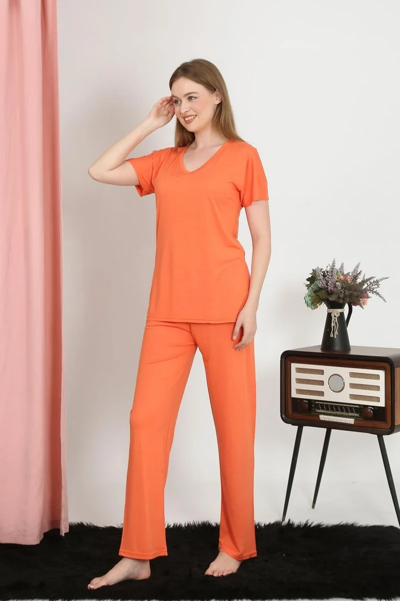Akbeniz Women's Short Sleeve Cotton Combed Pajama Set Orange 4213