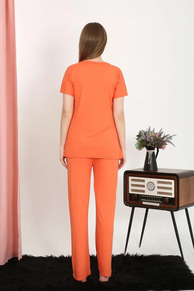 Akbeniz Women's Short Sleeve Cotton Combed Pajama Set Orange 4213