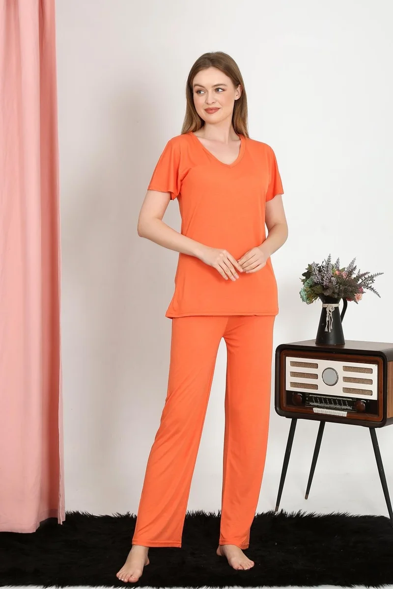 Akbeniz Women's Short Sleeve Cotton Combed Pajama Set Orange 4213