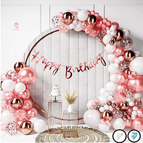Hemito Birthday Decoration Kit 60 pc Rose Gold and White Metallic Balloons Combo with Birthday Banner, Arc, Glue Dot for Girls Kids Baby Birthday Decoration Items | Birthday Decoration Combo - Image 1