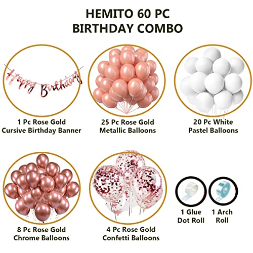 Hemito Birthday Decoration Kit 60 pc Rose Gold and White Metallic Balloons Combo with Birthday Banner, Arc, Glue Dot for Girls Kids Baby Birthday Decoration Items | Birthday Decoration Combo - Image 2