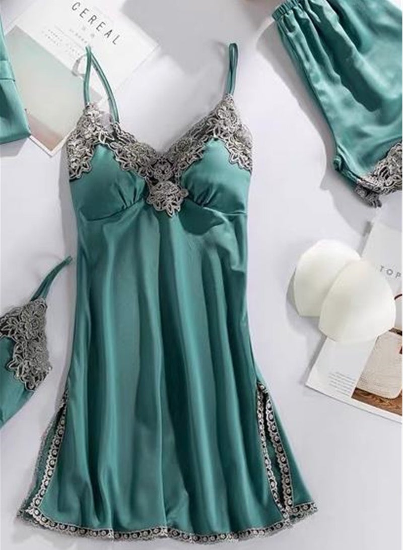 5pcs Ice Silk Pajamas Thin Lace Suspender Long Sleeve Pajama Set  - Image 4