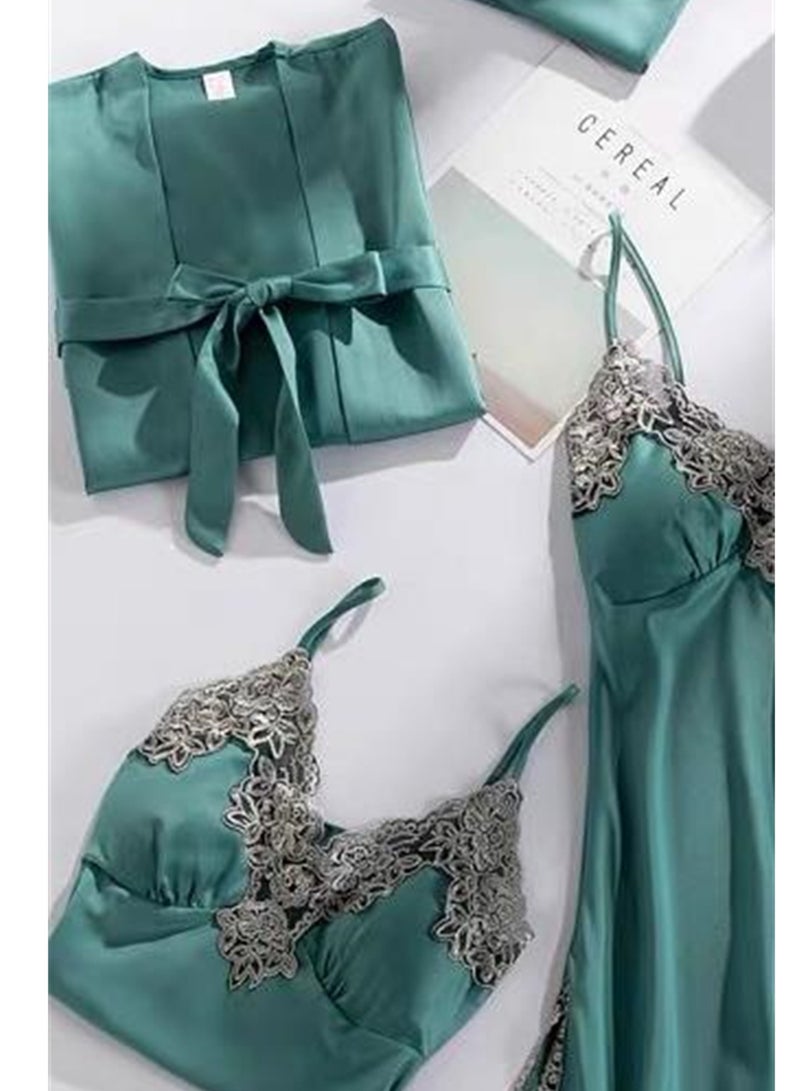 5pcs Ice Silk Pajamas Thin Lace Suspender Long Sleeve Pajama Set  - Image 3