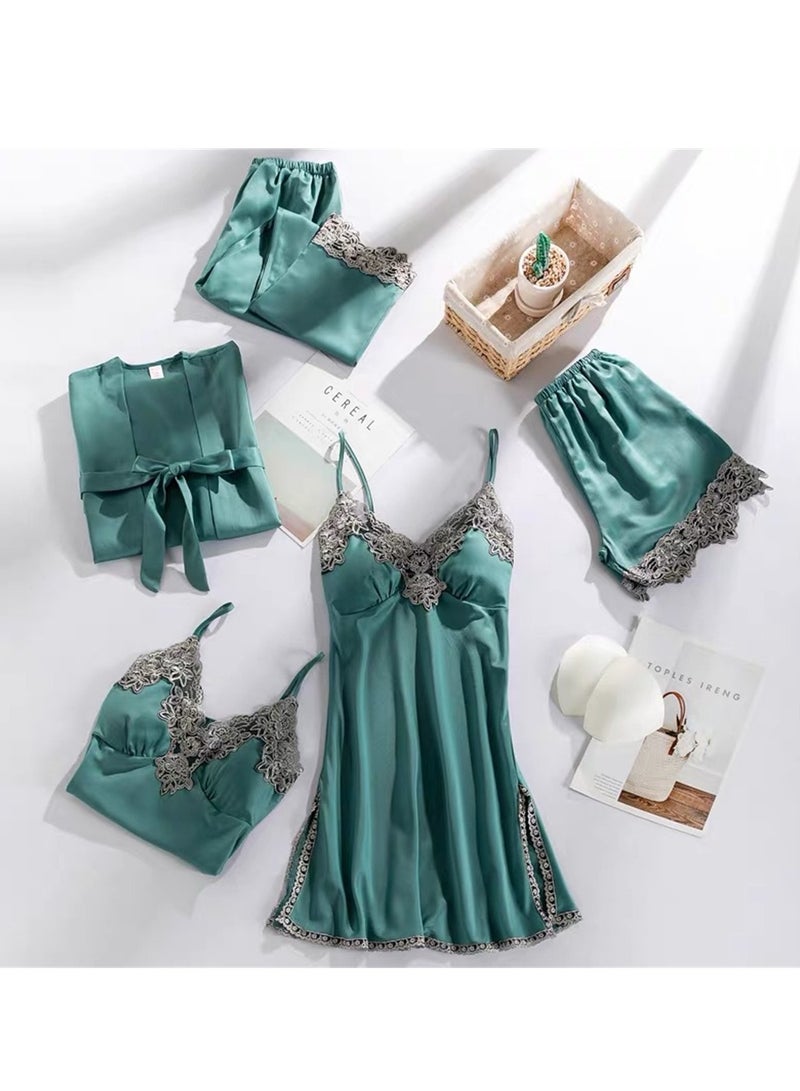 5pcs Ice Silk Pajamas Thin Lace Suspender Long Sleeve Pajama Set  - Image 2