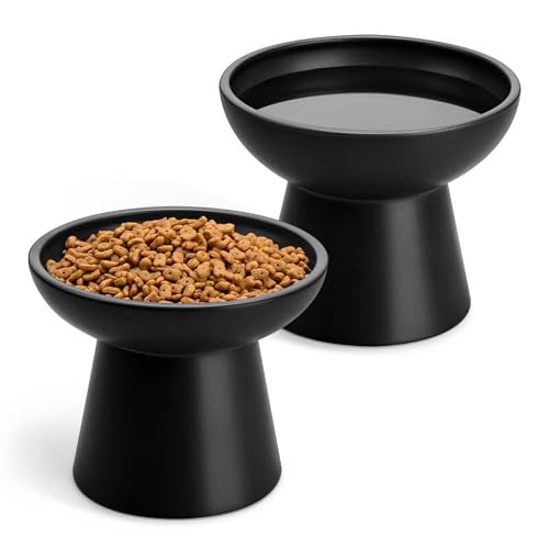 vancasso Ceramic Elevated Cat Bowls 2Pack 62 Extra Wide Raised Cat Food Water Dishes 51 Optimal Height AntiWhisker Fatigue Shallow Bowls for CatsKittensDogs Lead Cadmium Free Black - Image 1