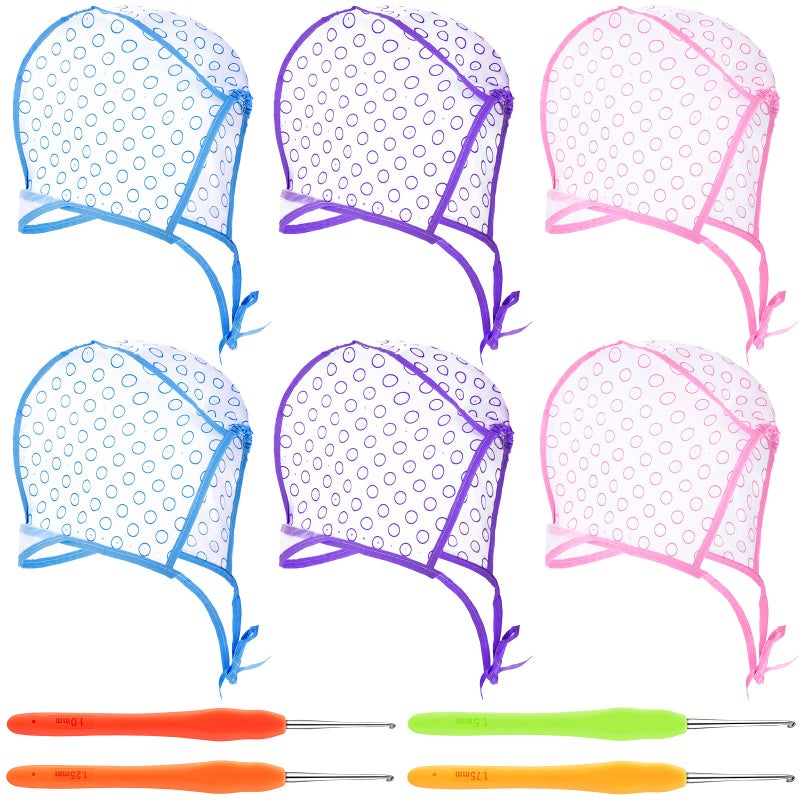 Waydress 6 Pieces Highlight Hair Cap Salon Hair Coloring Highlighting Dye Tipping Cap Frosting Caps with 4 Pieces Highlighting Needles Crochet Hooks for Dyeing Hairdressing ToolPurpleBluePink