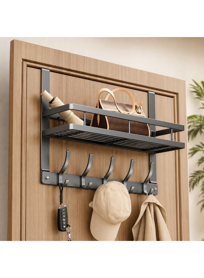 ABC Over The Door Hooks with Storage Shelf, Heavy Duty 6 Hook Door Hanger Organizer, No Drill Metal Over Door Coat Rack for Bathroom, Bedroom, Kitchen, Towels, Clothes, Bags & Hats, Black - Image 1