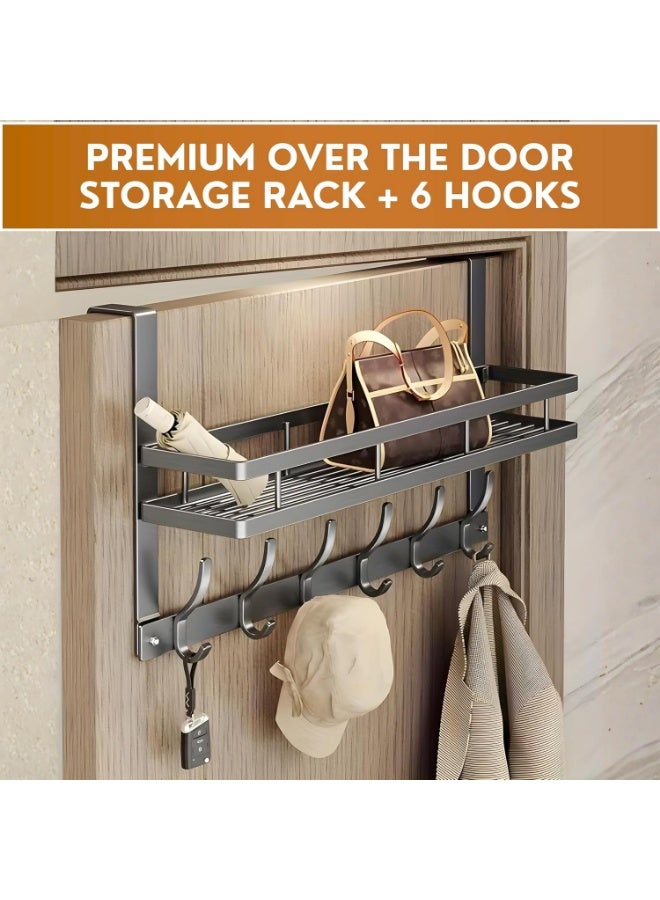 ABC Over The Door Hooks with Storage Shelf, Heavy Duty 6 Hook Door Hanger Organizer, No Drill Metal Over Door Coat Rack for Bathroom, Bedroom, Kitchen, Towels, Clothes, Bags & Hats, Black - Image 2