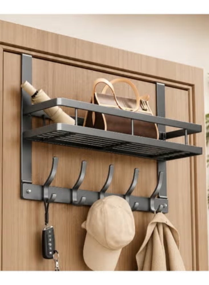 ABC Over The Door Hooks with Storage Shelf, Heavy Duty 6 Hook Door Hanger Organizer, No Drill Metal Over Door Coat Rack for Bathroom, Bedroom, Kitchen, Towels, Clothes, Bags & Hats, Black - Image 1