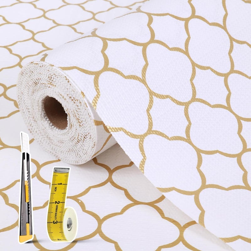 Shelf Drawer Liners for Kitchen Cabinets 118 x 2362 Inches Non Adhesive Drawer Liner Thickened Refrigerator Liner Gold Quatrefoil Strong NonSlip Paper for Tool Box with  and Tape Measure