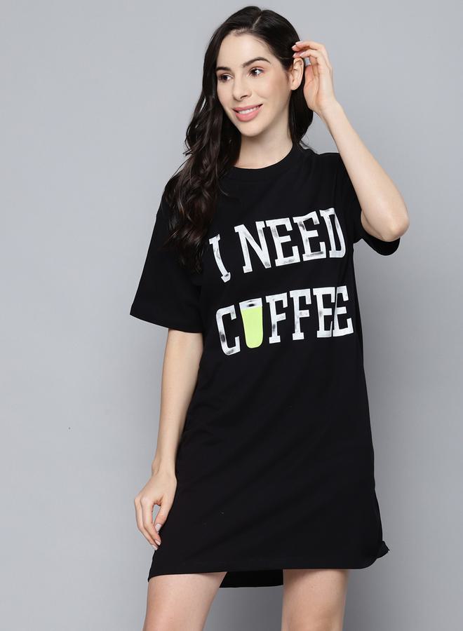 SASSAFRAS Coffee Slogan Print Sleep T-Shirt Dress by Styli - Image 1
