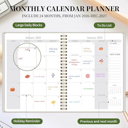 Kamoy 2026-2027 Monthly Planner - Jan. 2026 - Dec. 2027, 2 Year Calendar 2026-2027 Monthly Planner, 7.5" x 10", 24 Months Calendar with Note Pages, Twin-wire Binding, for Office, School Home Planning - Beige - Image 3