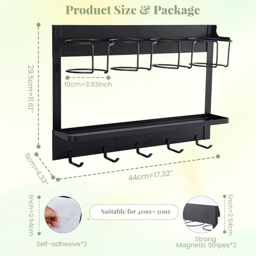 CINPIUK Water Bottle Organizer Holder, Magnetic Cup Rack Storage for Stanley & Large Tumbler, Space Saving Wall Mount Bottle Organizer with 5 Hook, Easy to Install, Black - Image 4