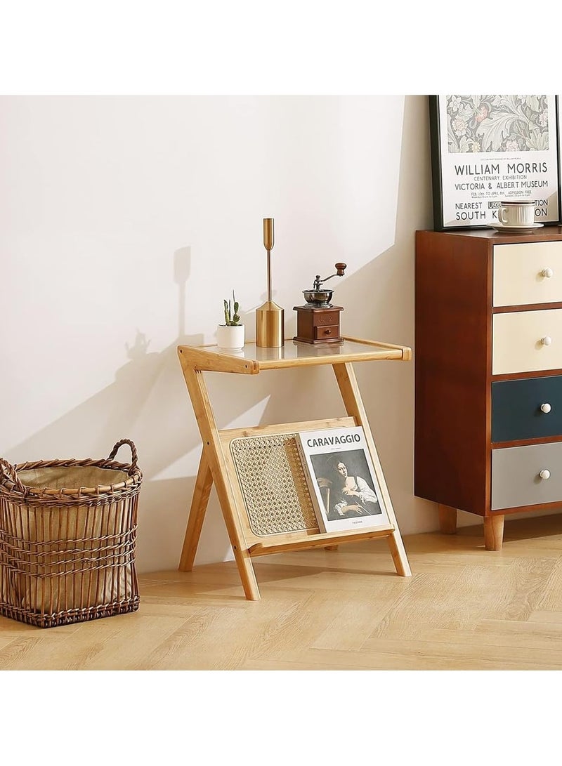 LINGWEI Bamboo Side Table with Storage Mid Century Nightstand Glass Coffee Tables Rattan End Table Beige 50x56x36cm - Image 3