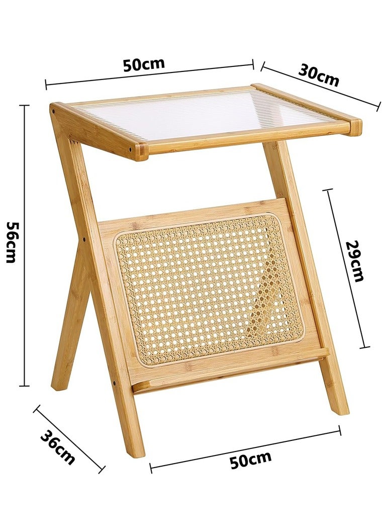 LINGWEI Bamboo Side Table with Storage Mid Century Nightstand Glass Coffee Tables Rattan End Table Beige 50x56x36cm - Image 4