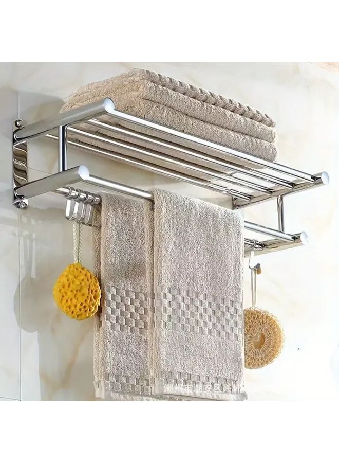 Stainless Steel Double Layer 50 Cm Towel Rack No Drill Self Adhesive Wall Mount For Bathroom Home Hotel Durable Rust Free Design S Shaped Hooks Towels Bathrobes - Image 2
