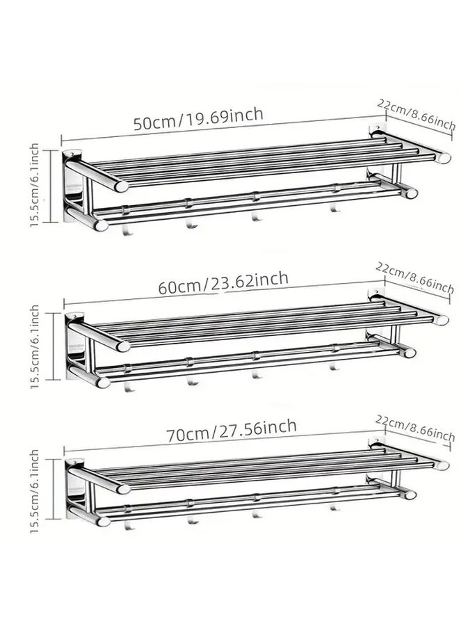 Stainless Steel Double Layer 50 Cm Towel Rack No Drill Self Adhesive Wall Mount For Bathroom Home Hotel Durable Rust Free Design S Shaped Hooks Towels Bathrobes - Image 3