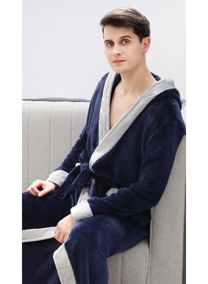 إسكدنيا يونيسكس الشتاء طويل سميك غطاء الليل فستان حمام بلانيل بيجاما مع الحزام الأزرق البحري - Image 3