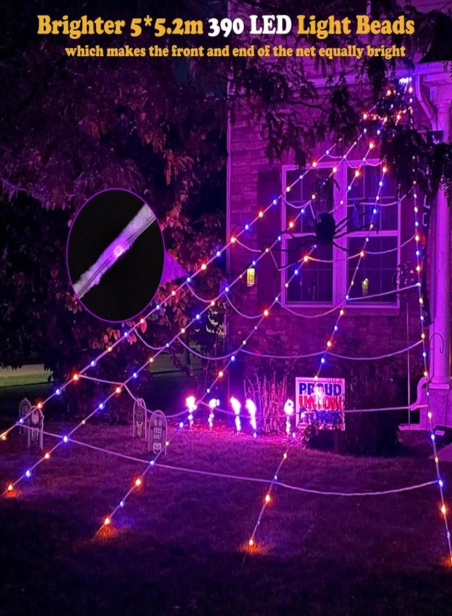 Sinranac 390 LED Halloween Spider Web Lights Decor, 5m Giant Net Lights with 26m Light Chain & Remote Control (8 Light Modes & Timer), Decoration for Garden Indoor Outdoor - Purple+Orange - Image 2
